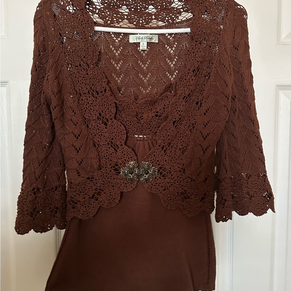 Knit Set, Twib Tank and 3/4 Cardigan Set - Brown Crochet with Brooch Clasp